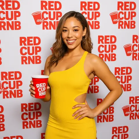 Woman in a yellow dress holding a red cup in front of a Red Cup R&B step-and-repeat